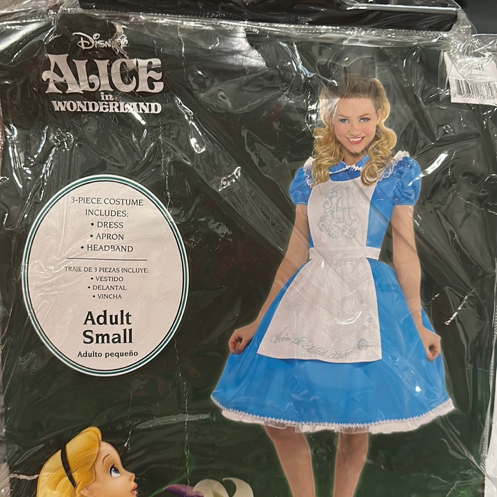 Disney Alice in Wonderland 4 piece costume Halloween Dress Apron Bow Wig Small